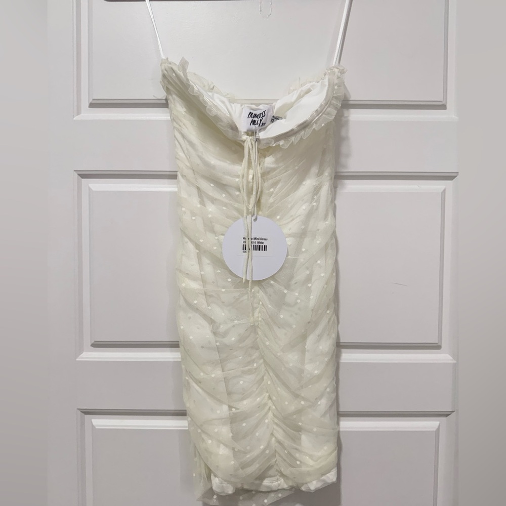 Ivory Polka dots Strapless Ruched Mini Dress